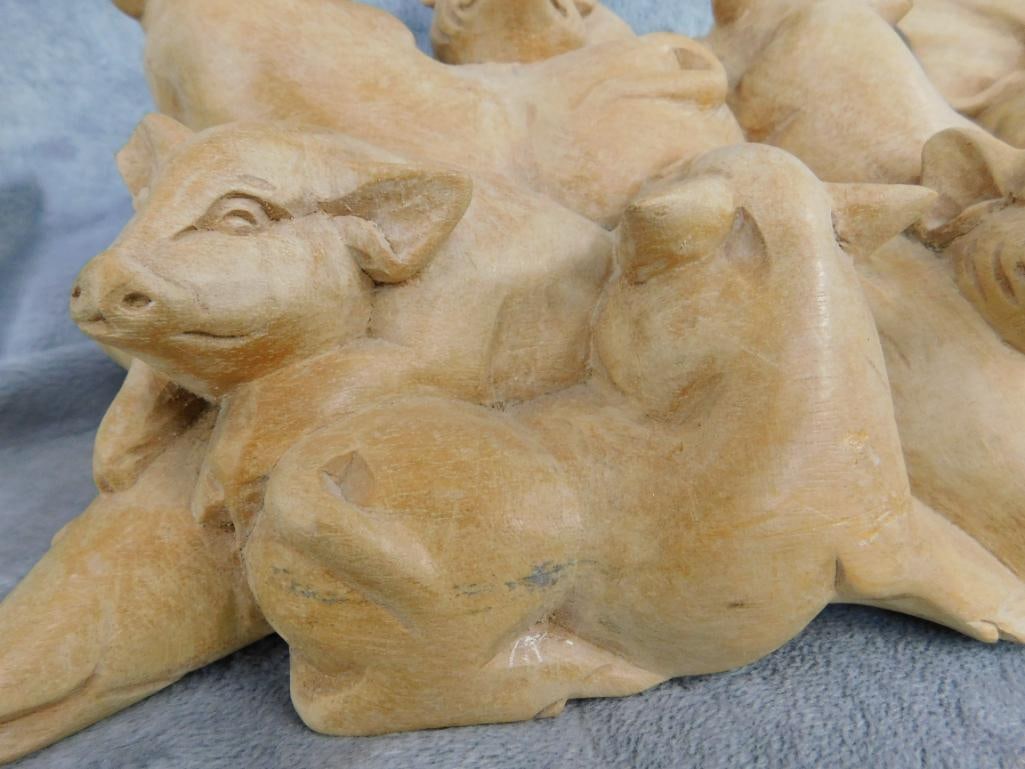 Carved Wood Pigs and Piglets Statue - 4.5" x 15" x 6" - 5