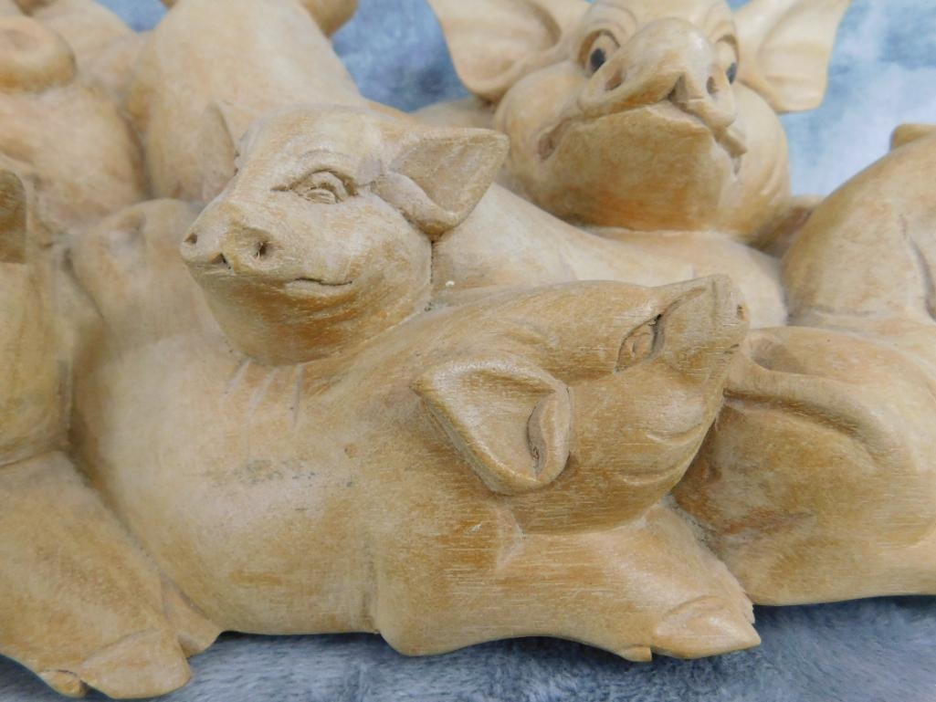 Carved Wood Pigs and Piglets Statue - 4.5" x 15" x 6" - 6