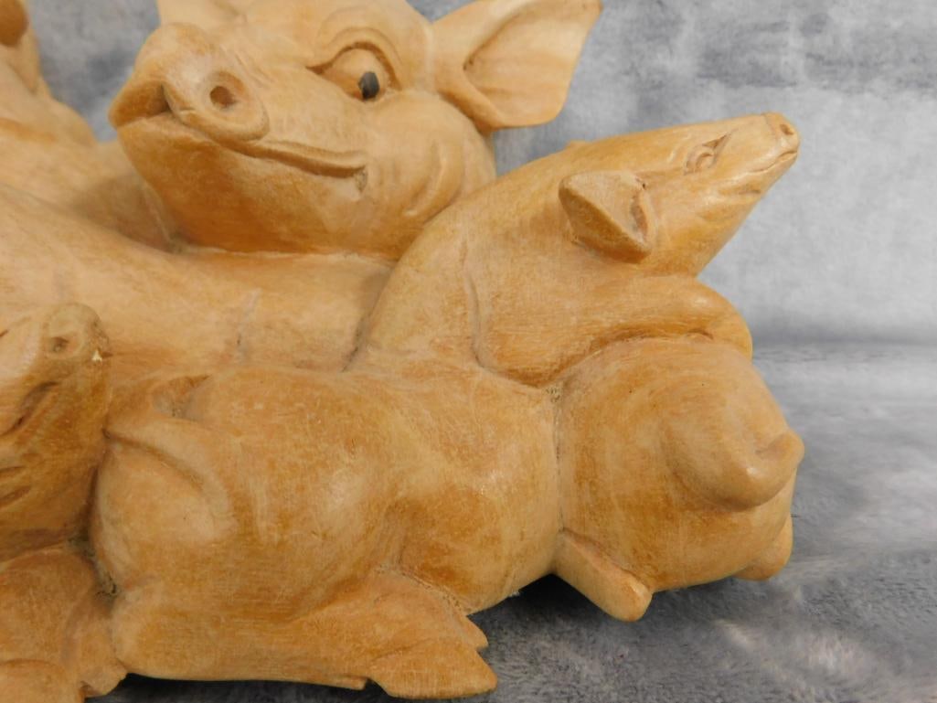 Carved Wood Pigs and Piglets Statue - 4.5" x 15" x 6" - 7
