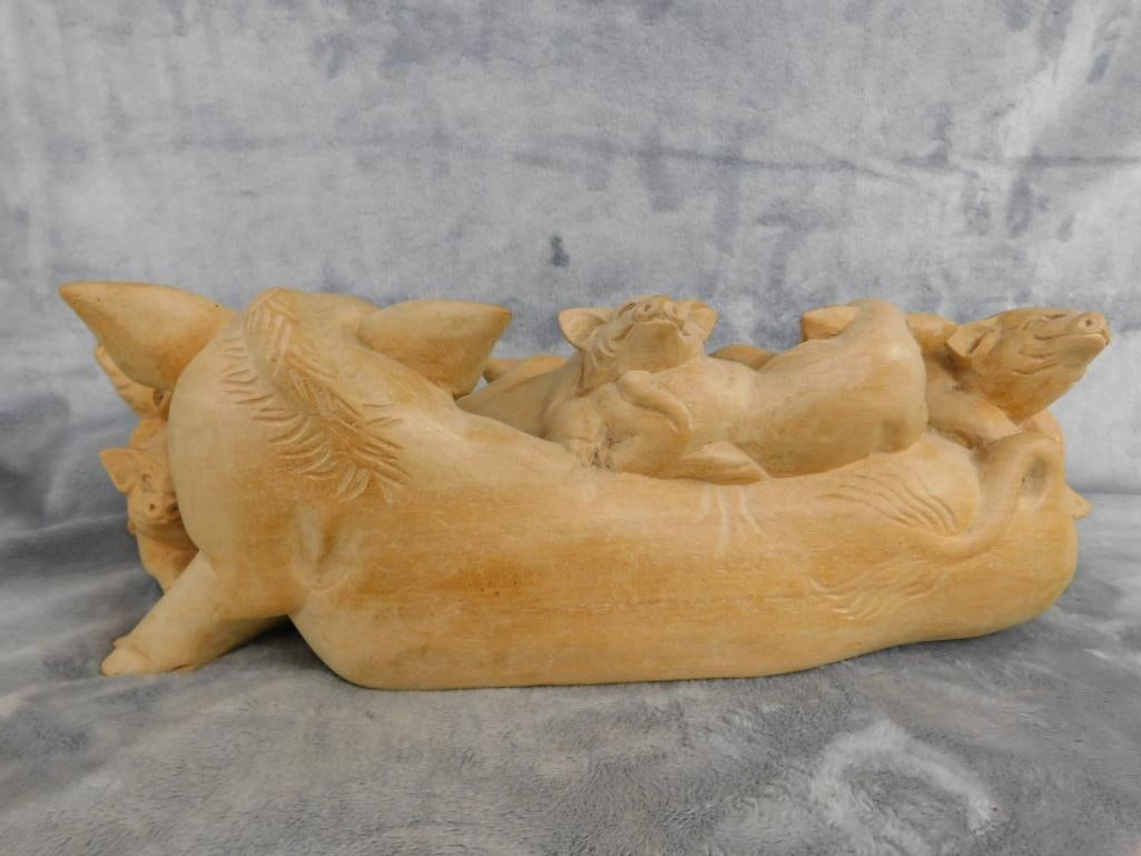 Carved Wood Pigs and Piglets Statue - 4.5" x 15" x 6" - 8