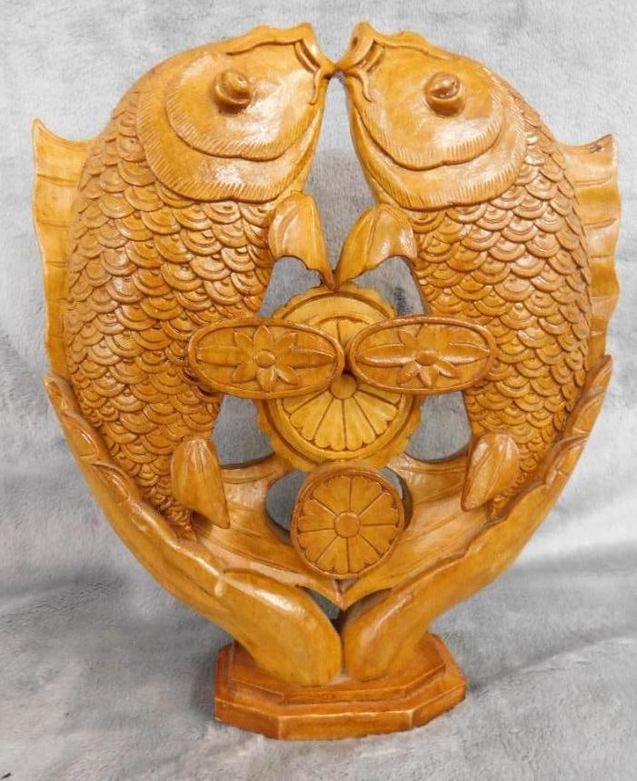 Carved Wood Fish Statue - 9" x 7.5" x 2": See Photos For Description and Condition