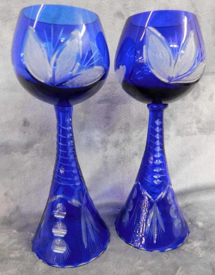 Pair of Cobalt Cut To Clear Goblets - Each 9.5" Tall: See Photos For Description and Condition