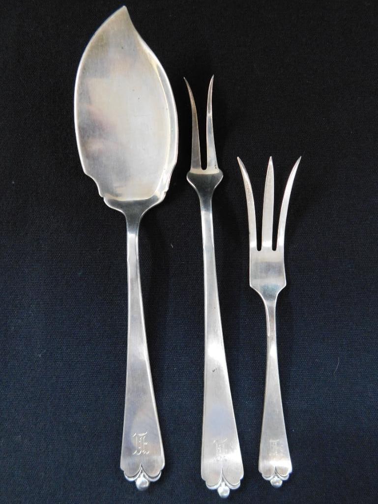 Sterling Silver - 2 Forks and a Server - Lotus Pattern - Monogrammed - 75 Grams - 6