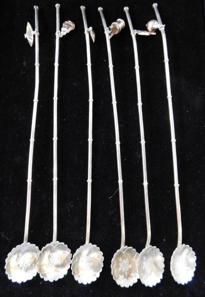 Sterling Silver - 6 Asian Iced Tea Straw Spoons - 9" - 64 Grams (1 of 9)