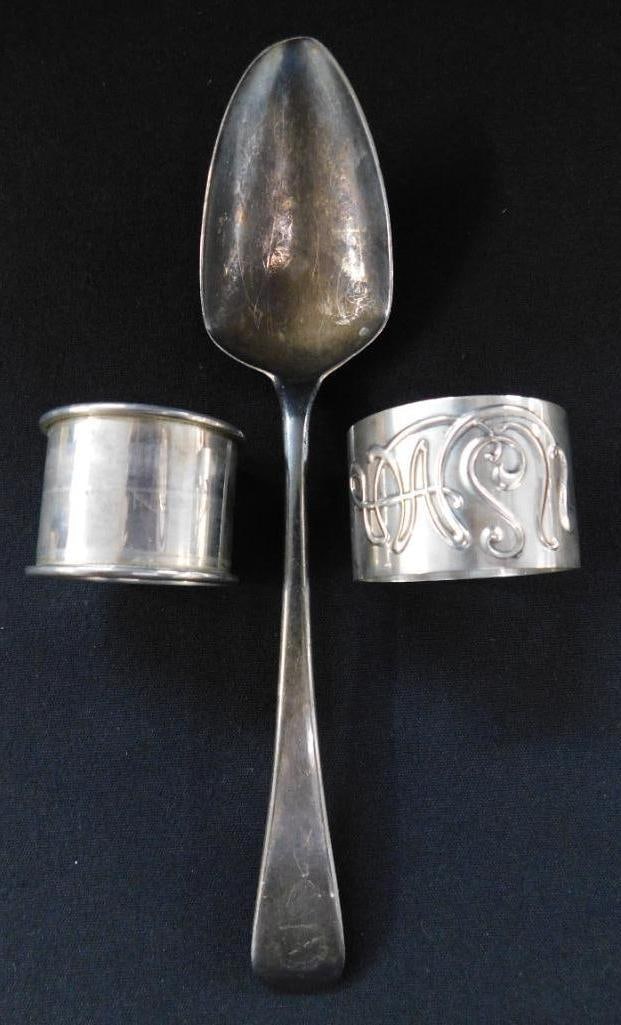 Sterling Silver - 2 Napkin Rings - 1 Monogrammed Serving Spoon - 143 Grams: See Photos For Description and Condition