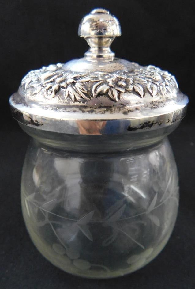 Sterling Silver - Lidded Honey Pot with Etched Glass Base - Lid Weighs 39 Grams: See Photos For Description and Condition