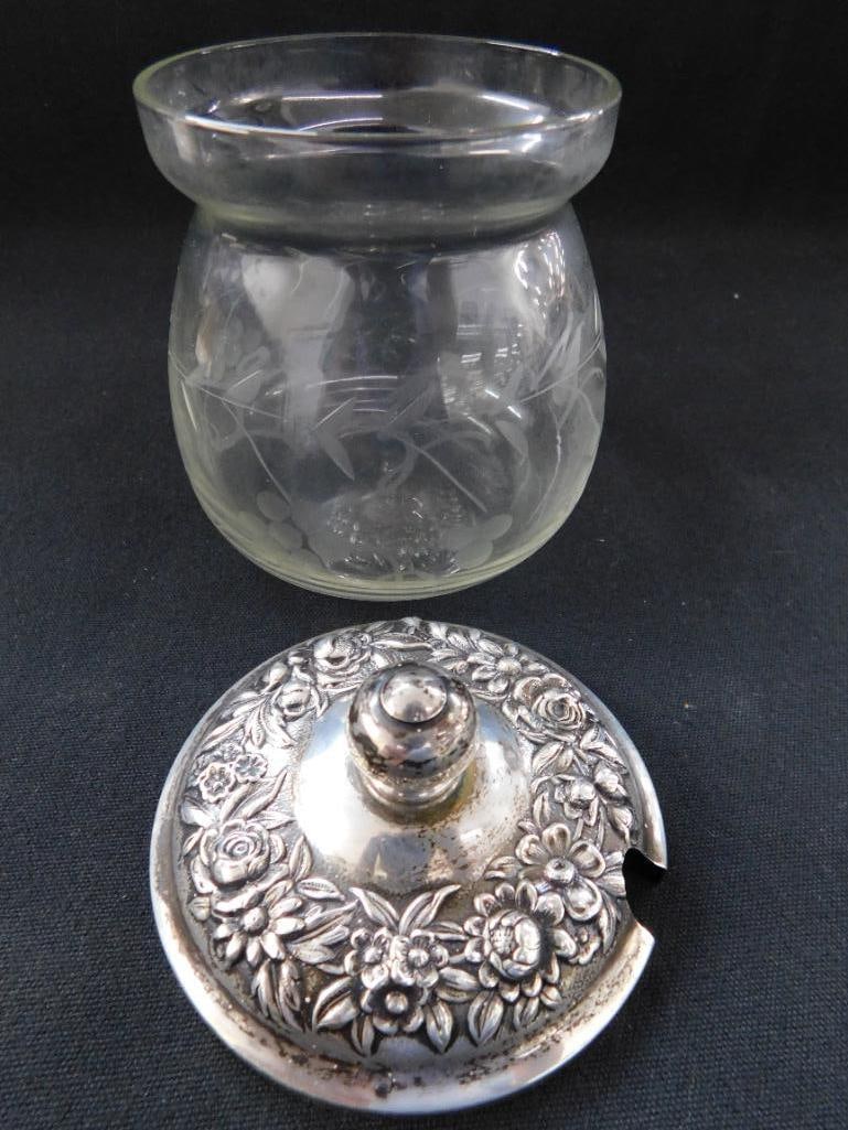 Sterling Silver - Lidded Honey Pot with Etched Glass Base - Lid Weighs 39 Grams - 2