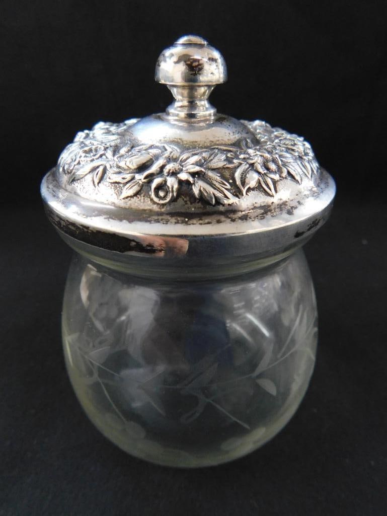Sterling Silver - Lidded Honey Pot with Etched Glass Base - Lid Weighs 39 Grams - 6
