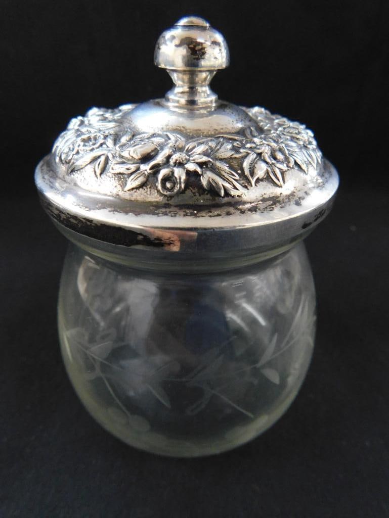 Sterling Silver - Lidded Honey Pot with Etched Glass Base - Lid Weighs 39 Grams - 8
