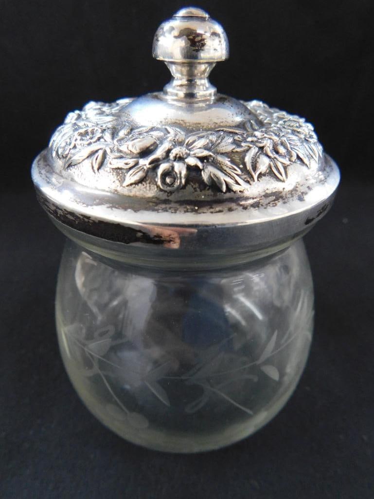 Sterling Silver - Lidded Honey Pot with Etched Glass Base - Lid Weighs 39 Grams - 9