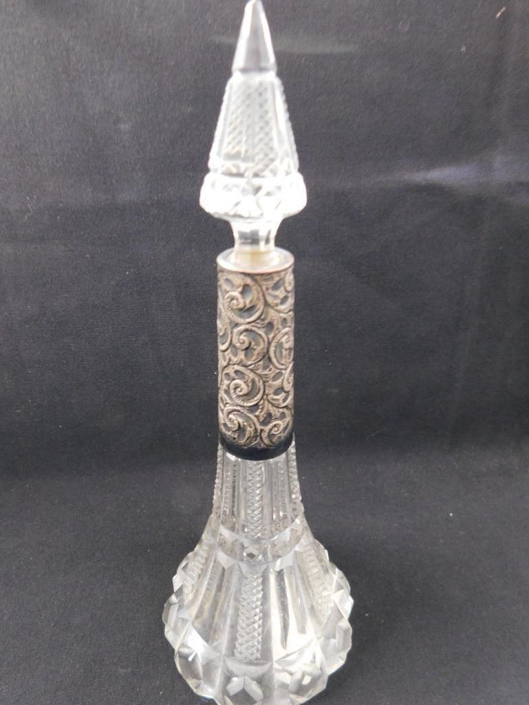Sterling Silver - Cut Crystal Perfume Bottle With Wide Sterling Band - 11
