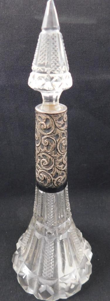 Sterling Silver - Cut Crystal Perfume Bottle With Wide Sterling Band: See Photos For Description and Condition