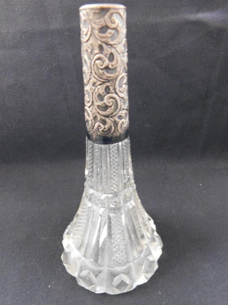 Sterling Silver - Cut Crystal Perfume Bottle With Wide Sterling Band - 4