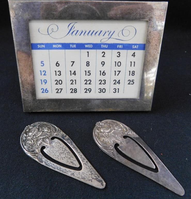 Sterling Silver - Tiffany and Co. Framed Calendar - 2 Kirk and Son Bookmarks -: Total Silver Weight 47.7 Grams - See Photos For Description and Condition