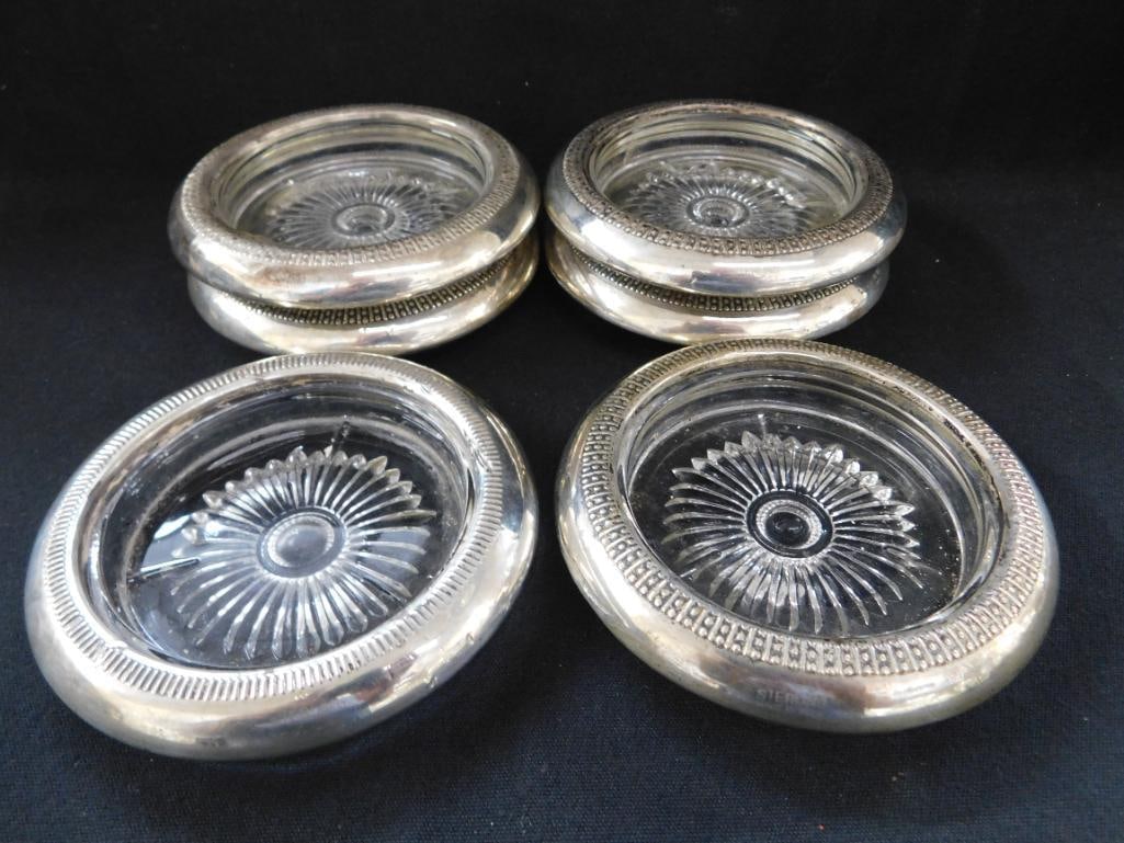 Sterling Silver - 6 Glass with Sterling Rim Coasters - 6