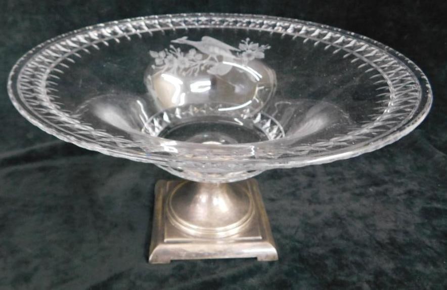 Sterling Silver - Etched Crystal Compote with Hawke Sterling Base: See Photos For Description and Condition