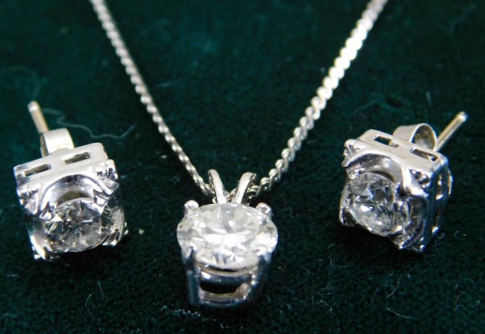14K White Gold - 16" Necklace with Diamond - Diamond Pieced Earrings - 4.45 Grams TW: Diamond and Gold were Tested - See Photos For Description and Condition