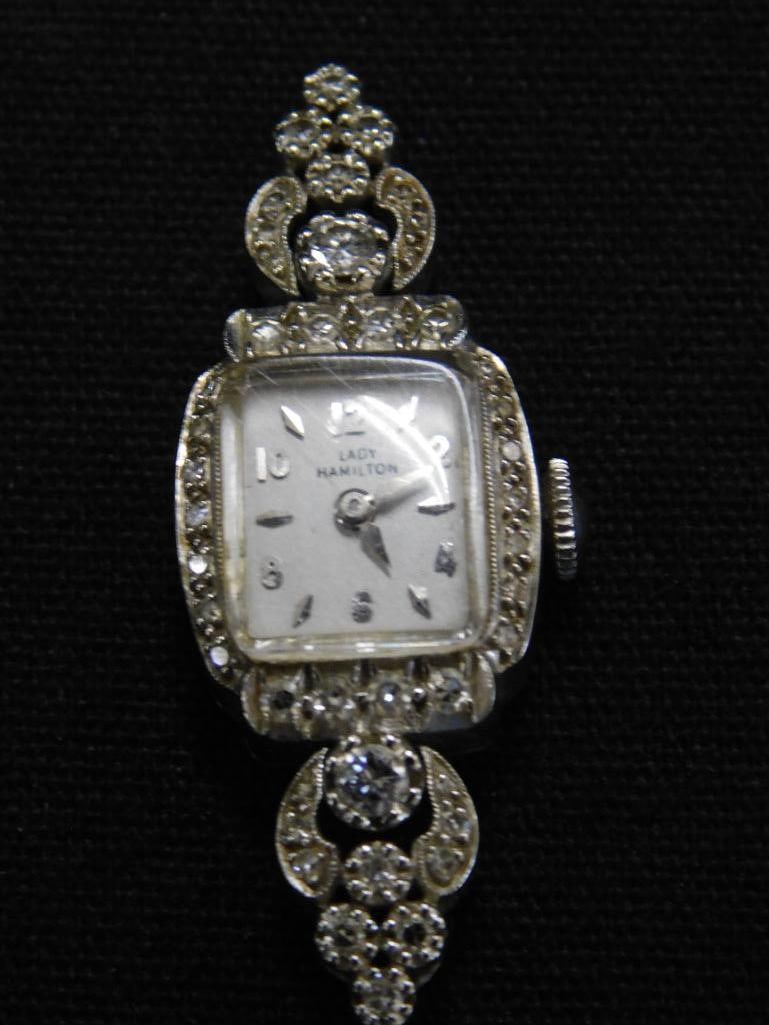 14K White Gold - Lady Hamilton Ladies Watch Head - Diamonds - 9.21 Grams TW - 2