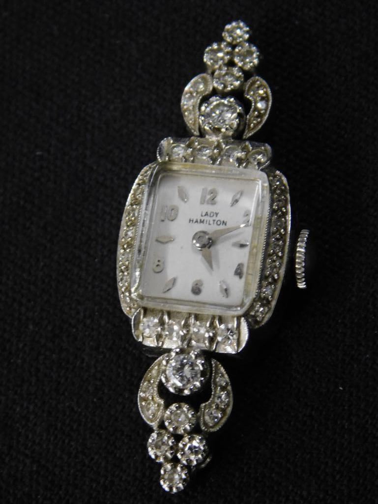 14K White Gold - Lady Hamilton Ladies Watch Head - Diamonds - 9.21 Grams TW - 9