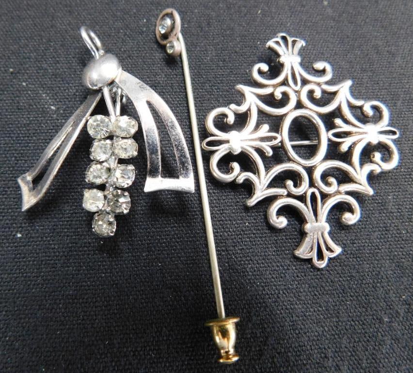 Sterling Silver - Stick Pin and 2 Brooches - 13.06 Grams TW: See Photos For Description and Condition