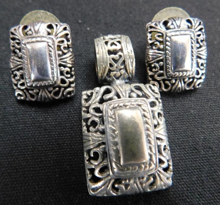 Sterling Silver - Pierced Earrings and Pendant Set - 17.65 Grams: See Photos For Description and Condition