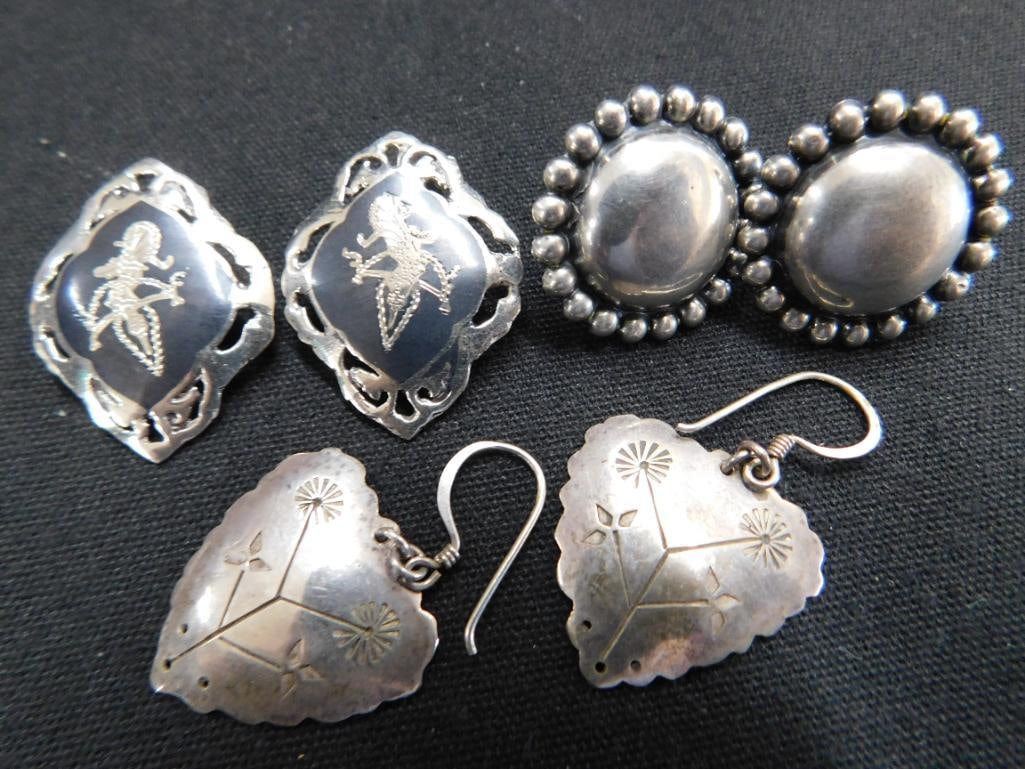 Sterling Silver - 3 Pairs Of Earrings - 1 Screw Back 1 Clip On - 1 Pierced - 17.75 Grams - 8