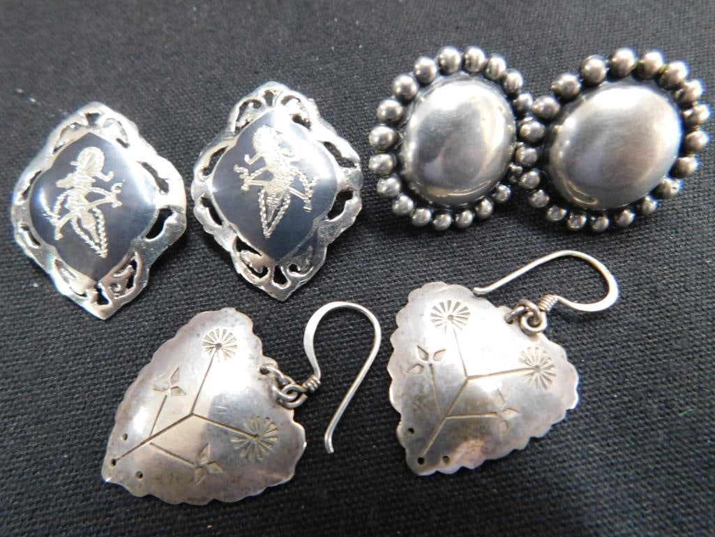 Sterling Silver - 3 Pairs Of Earrings - 1 Screw Back 1 Clip On - 1 Pierced - 17.75 Grams - 9
