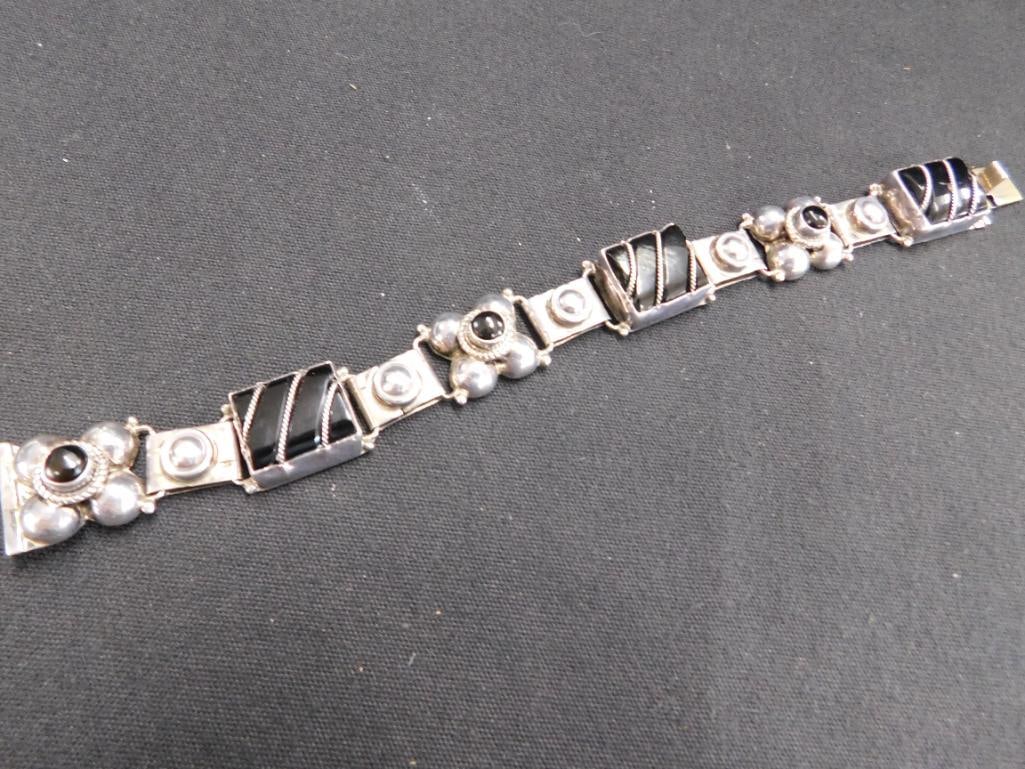 Sterling Silver - Mexican Bracelet with Onyx - 28.65 Grams TW - 10