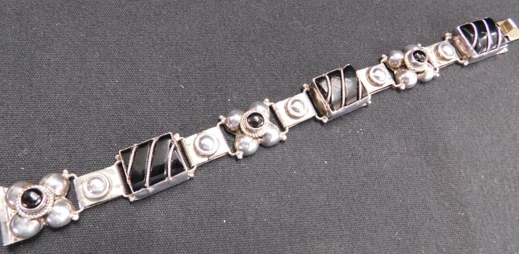 Sterling Silver - Mexican Bracelet with Onyx - 28.65 Grams TW: See Photos For Description and Condition