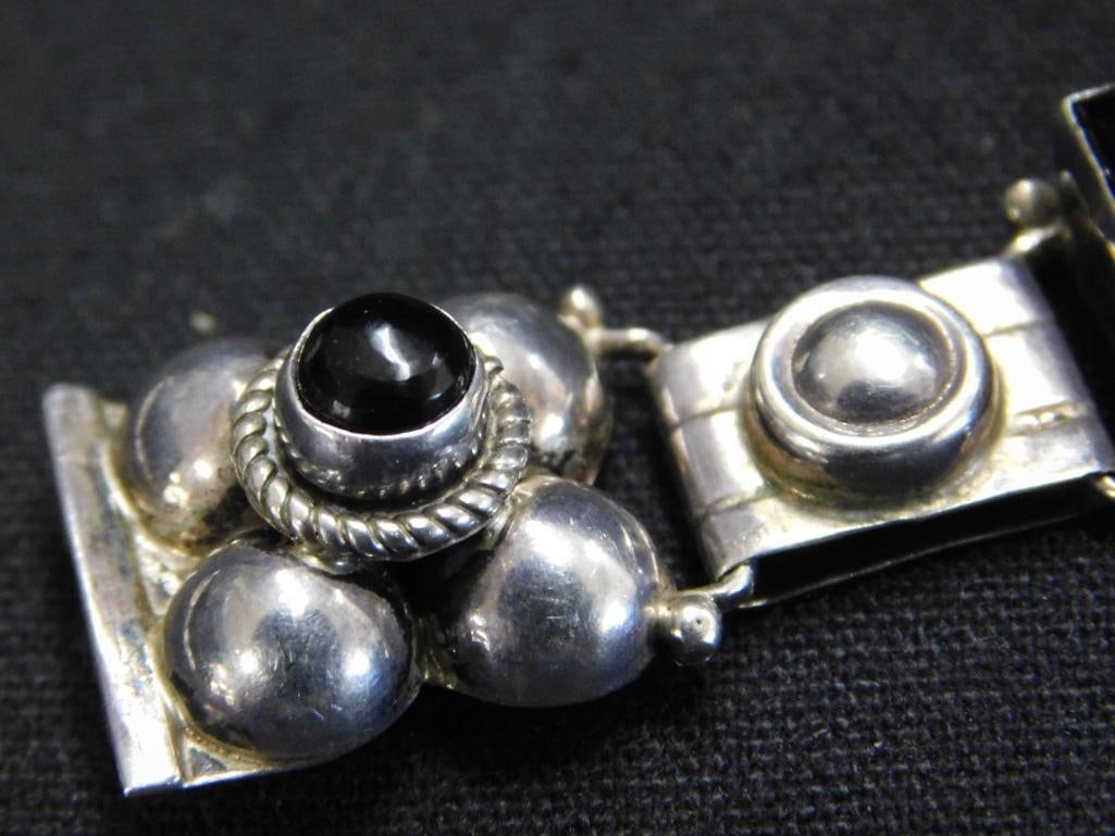 Sterling Silver - Mexican Bracelet with Onyx - 28.65 Grams TW - 2