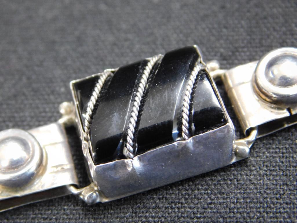Sterling Silver - Mexican Bracelet with Onyx - 28.65 Grams TW - 3