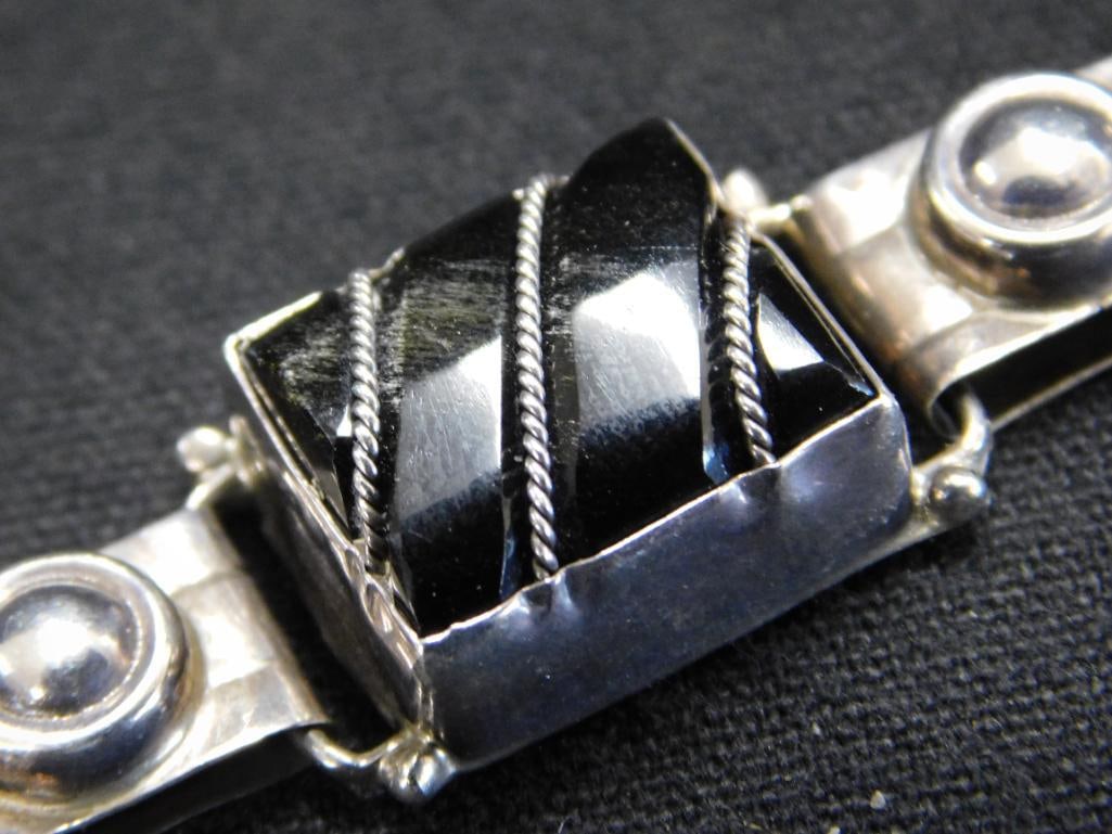Sterling Silver - Mexican Bracelet with Onyx - 28.65 Grams TW - 5