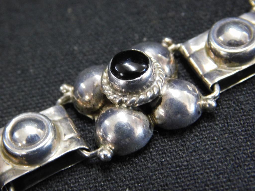 Sterling Silver - Mexican Bracelet with Onyx - 28.65 Grams TW - 6