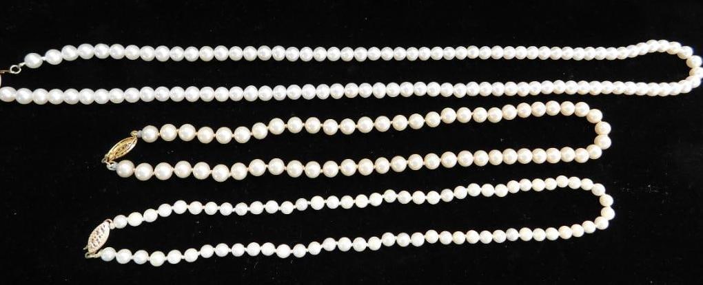 14K Yellow Gold Clasps - 3 Pearl Necklaces - 15" - 15" - 24": See Photos For Description and Condition