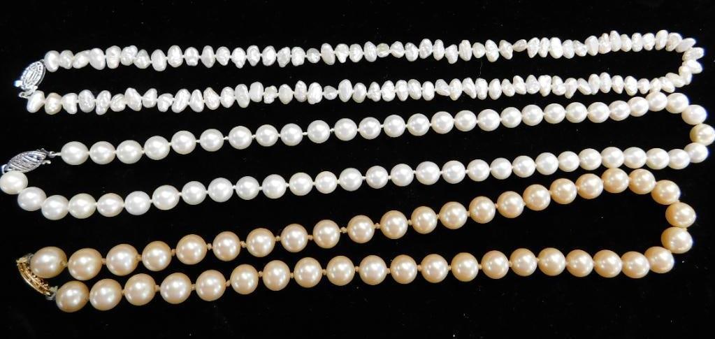 14K Yellow Gold Clasps - 3 Pearl Necklace - 16" - 17" - 18": See Photos For Description and Condition