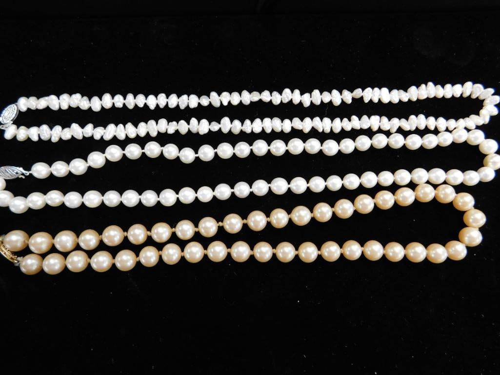 14K Yellow Gold Clasps - 3 Pearl Necklace - 16" - 17" - 18" - 8