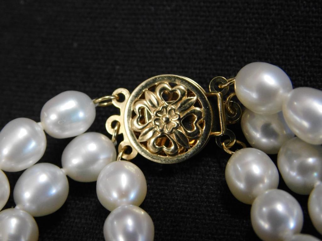 14K Gold Clasp - 3 Strand 16"-18" Pearl Necklace - 2