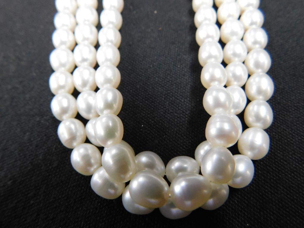 14K Gold Clasp - 3 Strand 16"-18" Pearl Necklace - 3