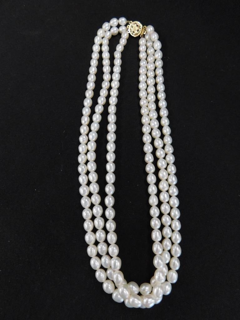 14K Gold Clasp - 3 Strand 16"-18" Pearl Necklace - 7