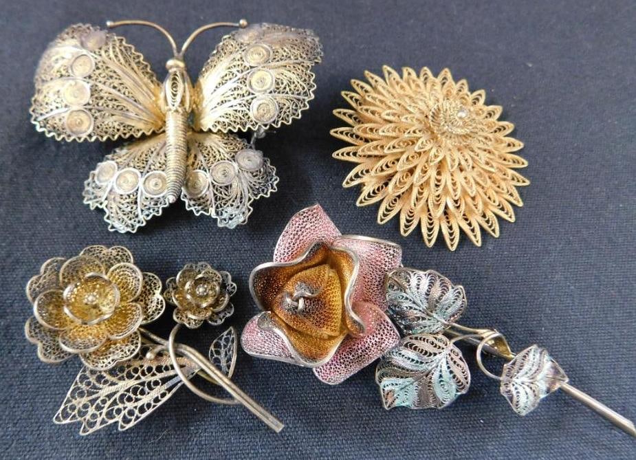 Sterling Silver - 4 Vintage Filigree Brooches - 41.93 Grams: See Photos For Description and Condition