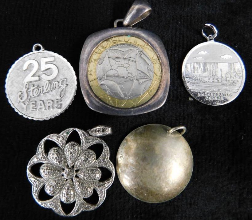 Sterling Silver - 5 Pendants - 31.36 Grams: See Photos For Description and Condition