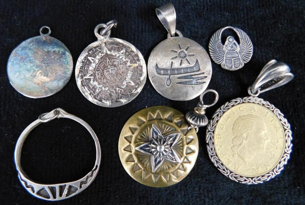 Sterling Silver - 7 Pendants - 28.66 Grams: See Photos For Description and Condition