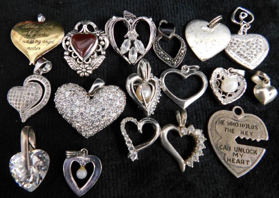Sterling Silver - 17 Heart Pendants - 41.95 Grams TW: See Photos For Description and Condition