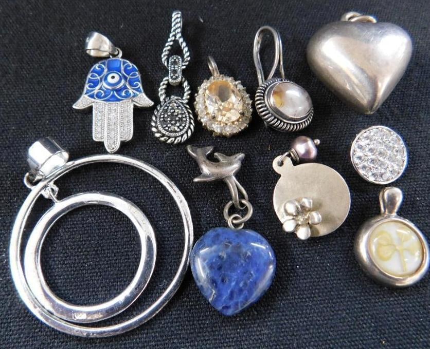 Sterling Silver - 10 Pendants - 30.26 Grams TW: See Photos For Description and Condition