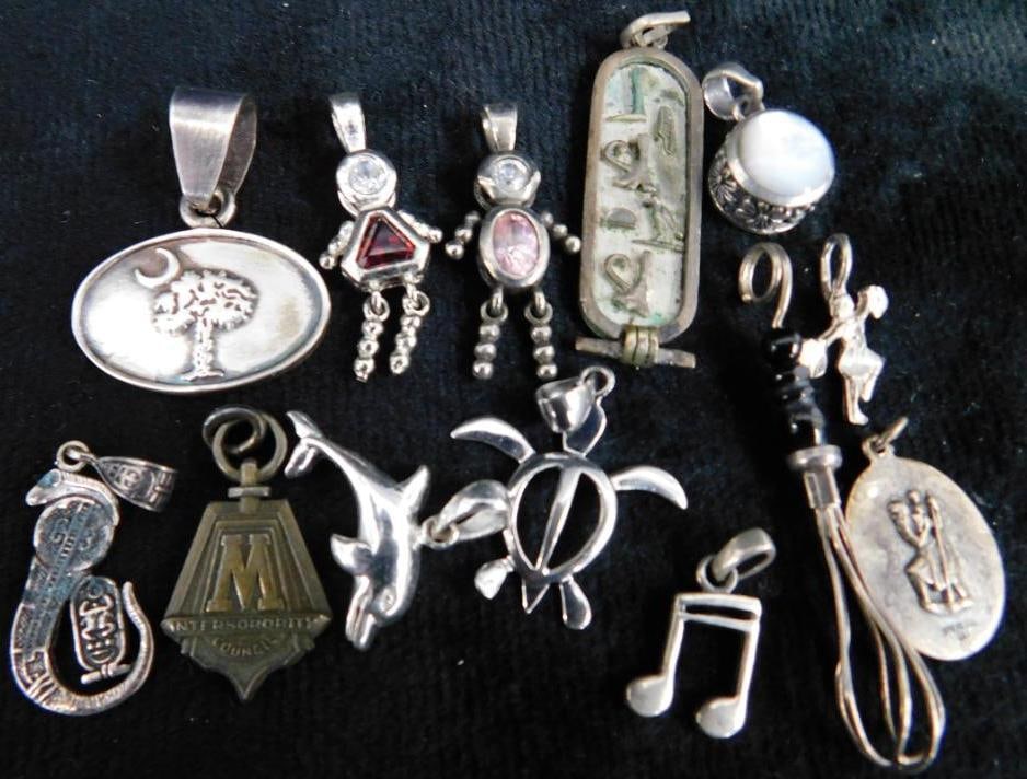 Sterling Silver - 13 Pendants - 30.68 Grams TW: See Photos For Description and Condition