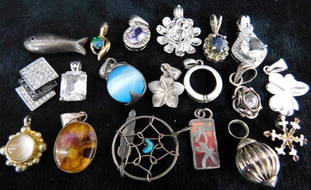 Sterling Silver - 19 Pendants - 30.55 Grams TW: See Photos For Description and Condition