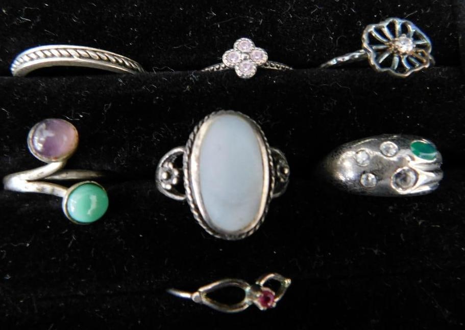 Sterling Silver - 7 Rings - All Size 8 - 15.38 Grams TW: See Photos For Description and Condition