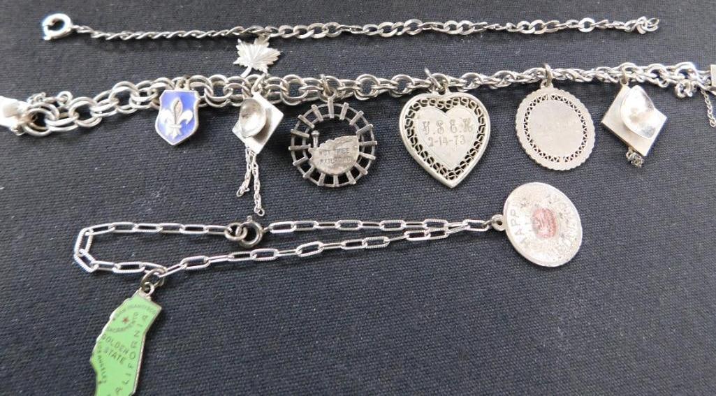 Sterling Silver - 3 Charm Bracelets - 38.01 Grams TW: See Photos For Description and Condition