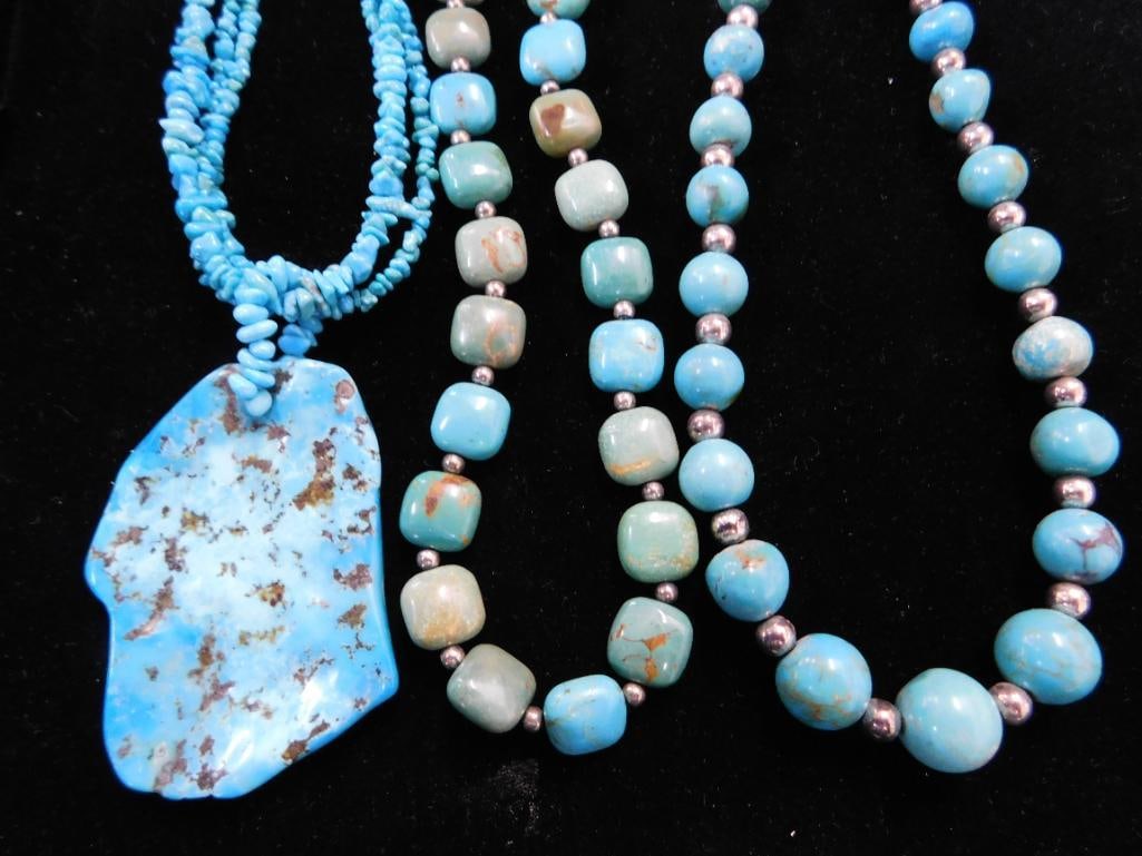 Sterling Silver - 3 Turquoise Necklaces - 16" - 18" - 20" - 2 Jay King - 1 Carrolyn Pollack: See Photos For Description and Condition