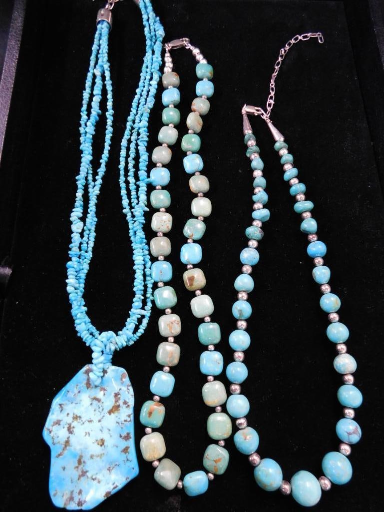 Sterling Silver - 3 Turquoise Necklaces - 16" - 18" - 20" - 2 Jay King - 1 Carrolyn Pollack - 2